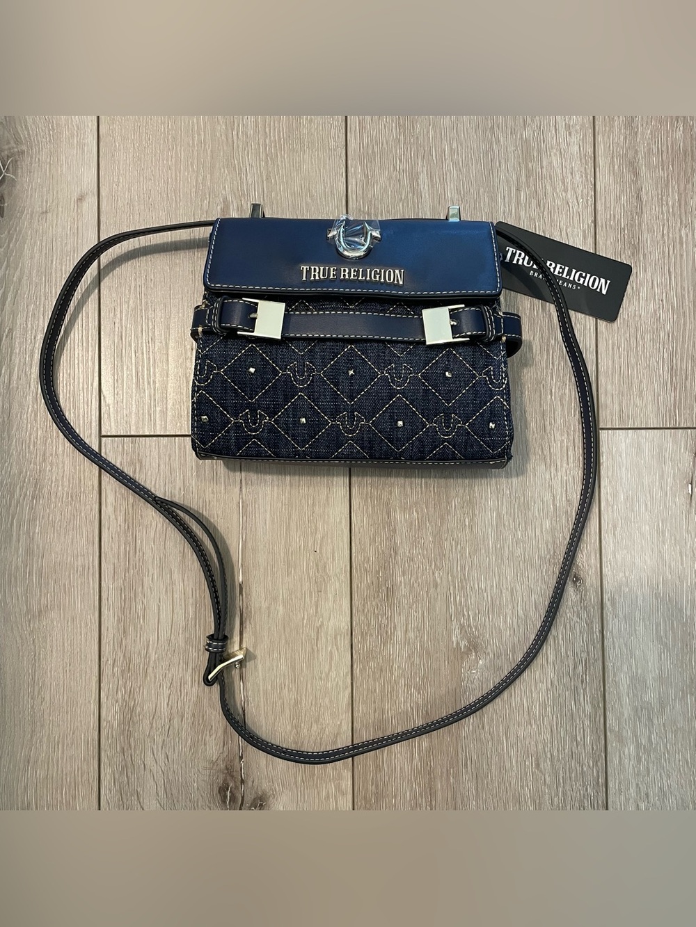 True Religion Blue Denim Crossbody Bag NWT Rhinestone Studded Y2K Diamond Stitch